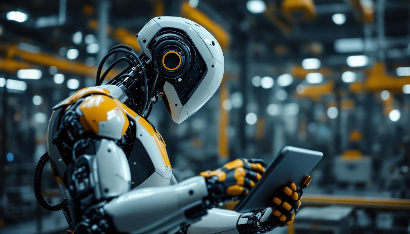A photograph of a sleek industrial robot in action within a modern manufacturing environment