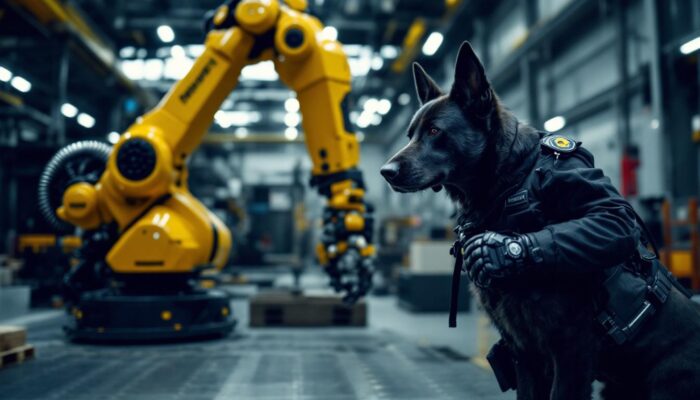 A photograph of a k9 unit in action alongside an industrial robotic arm