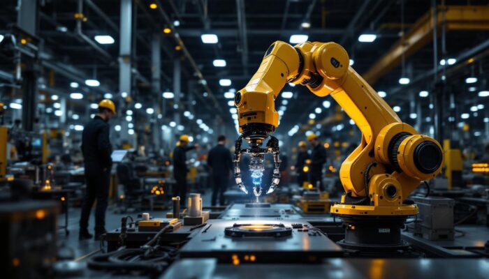 A photograph of a dynamic industrial setting featuring a sleek robotic arm in action
