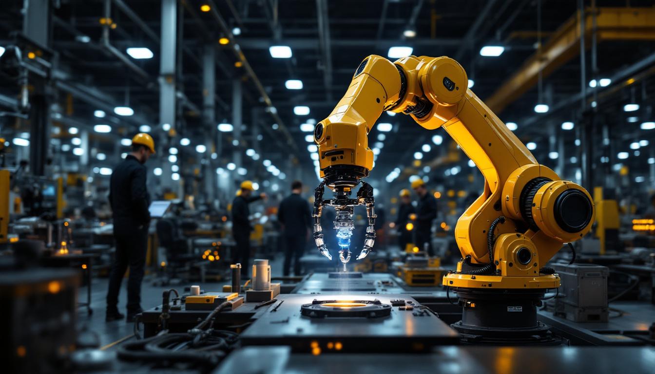 A photograph of a dynamic industrial setting featuring a sleek robotic arm in action