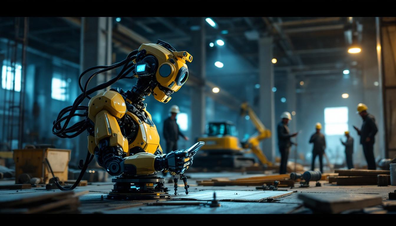 A photograph of a construction site where an industrial robot is actively engaged in surveying tasks