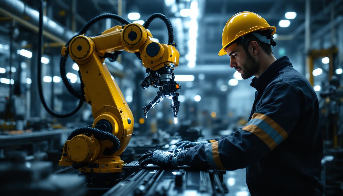 A photograph of a dynamic industrial setting where a robotic arm is actively engaged in a task alongside a human worker