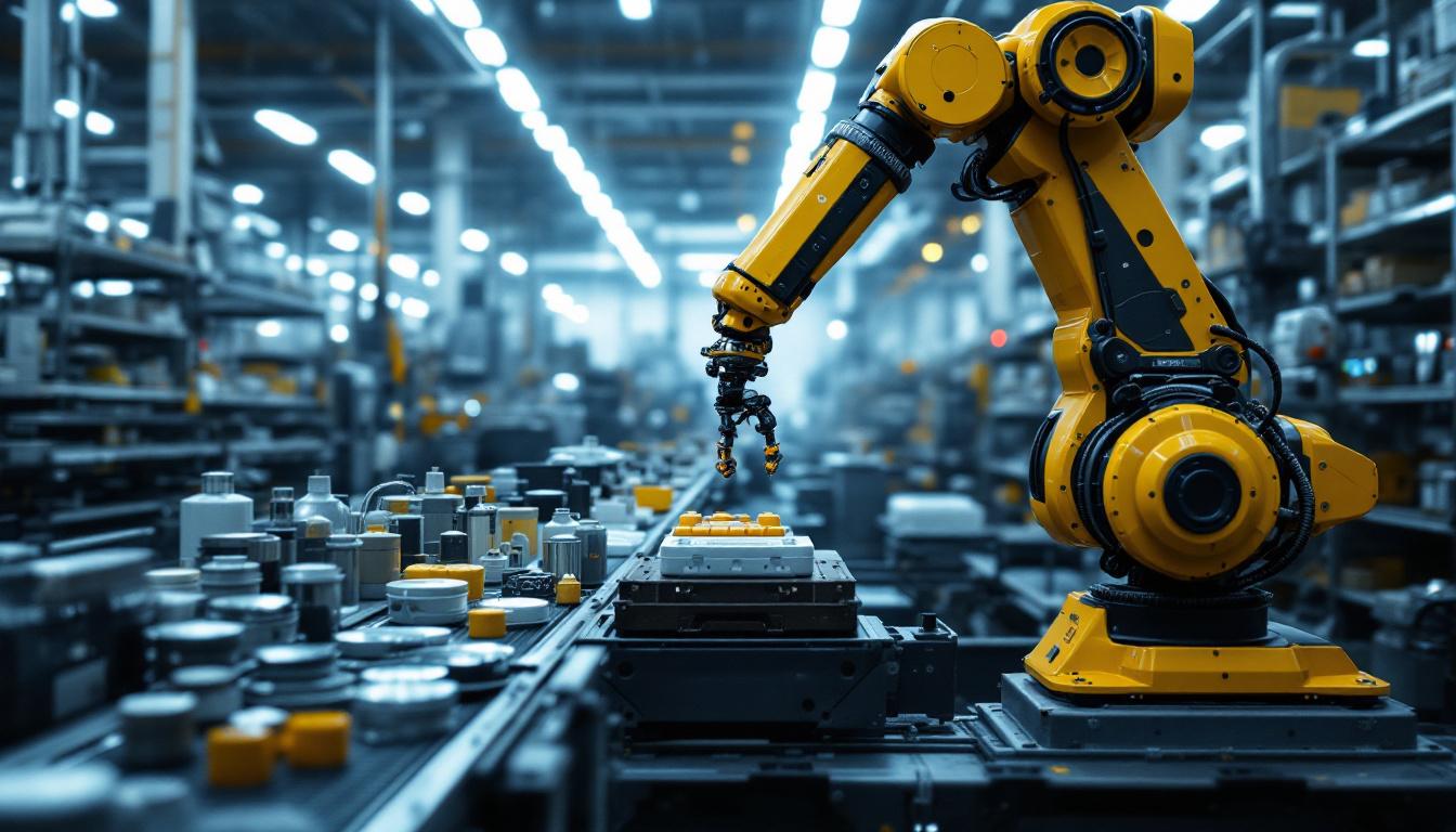 A photograph of a dynamic industrial setting showcasing a robotic arm in action