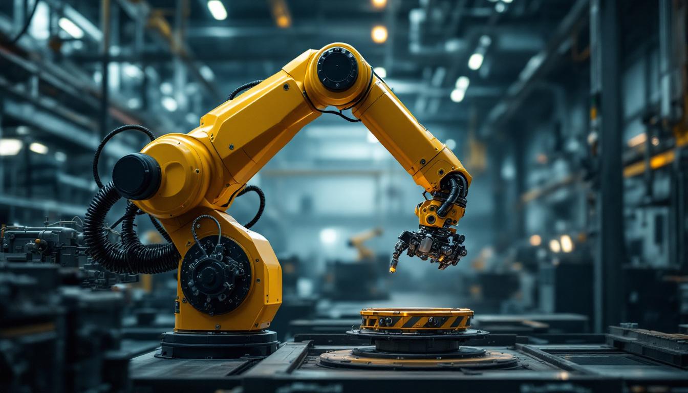 A photograph of capture a photograph of a modern industrial robotic arm in action within a manufacturing setting