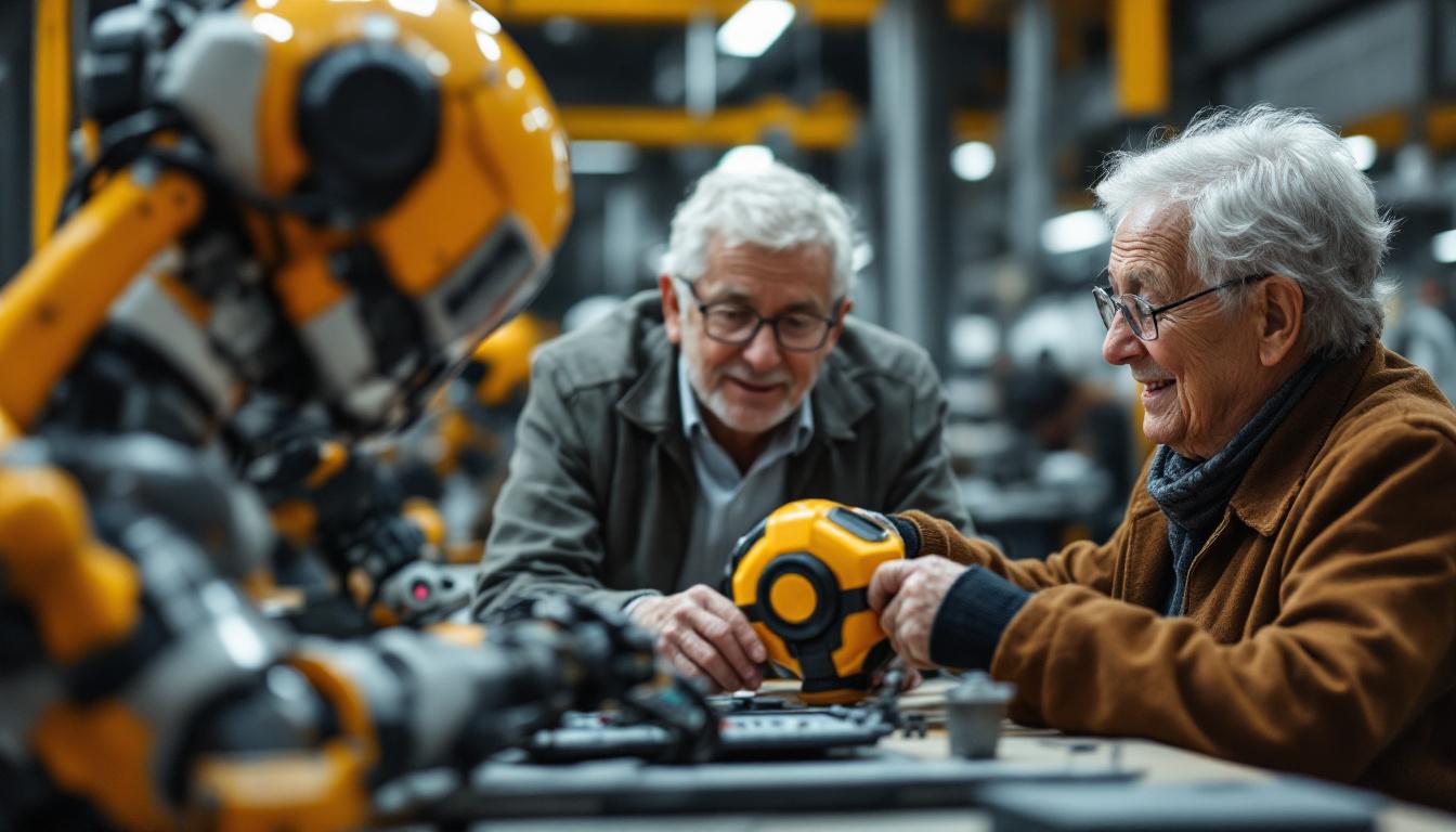 A photograph of a dynamic scene at the atlas senior center featuring seniors engaging with industrial robots