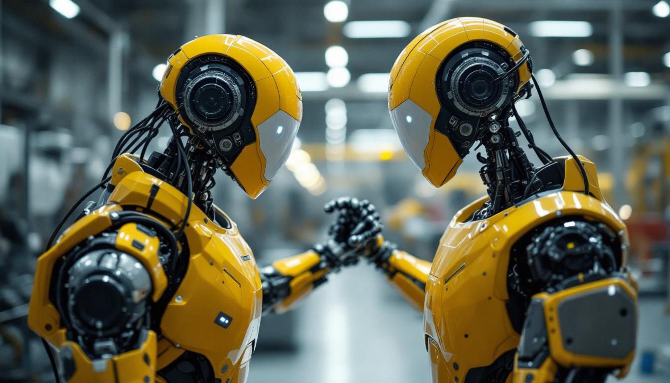 A photograph of a humanoid robot interacting with an industrial robot in a modern manufacturing environment