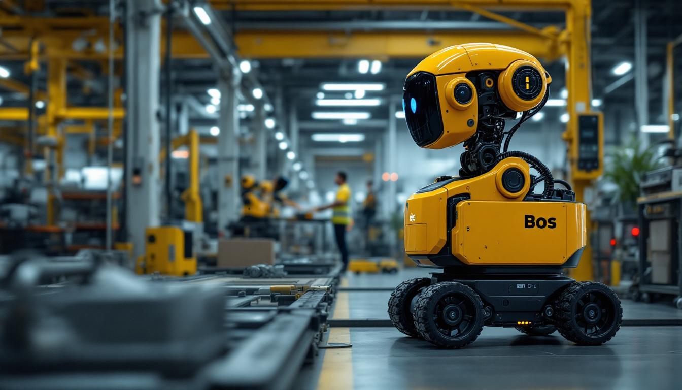 A photograph of a dynamic scene featuring a bos mobile robot navigating an industrial workspace