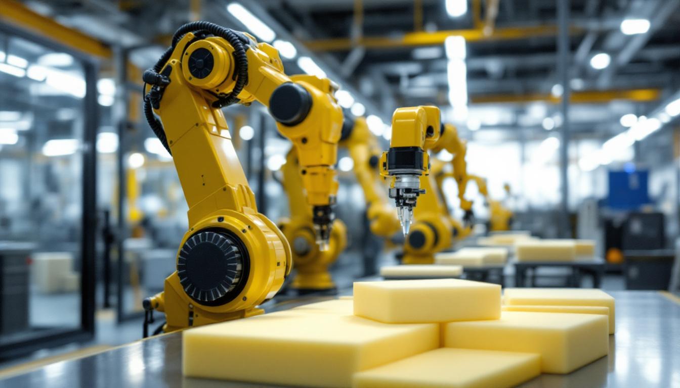 A photograph of a modern industrial setting showcasing atlas foam products alongside advanced robotic systems in action