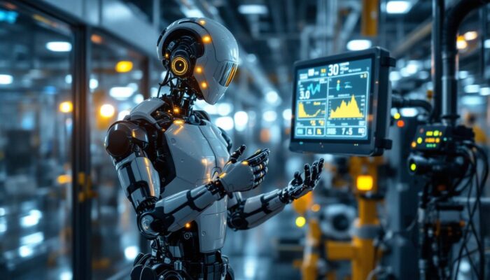 A photograph of capture a photograph of an industrial setting where advanced robotic systems are actively monitoring and improving air quality