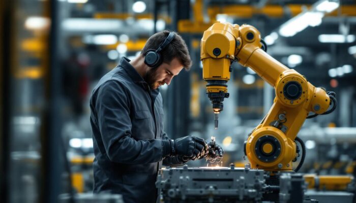 A photograph of a skilled technician operating a state-of-the-art industrial robot in a dynamic fabrication environment