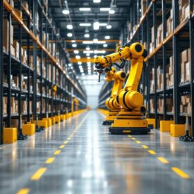 A photograph of a modern small warehouse unit featuring neatly organized industrial robotic equipment in action