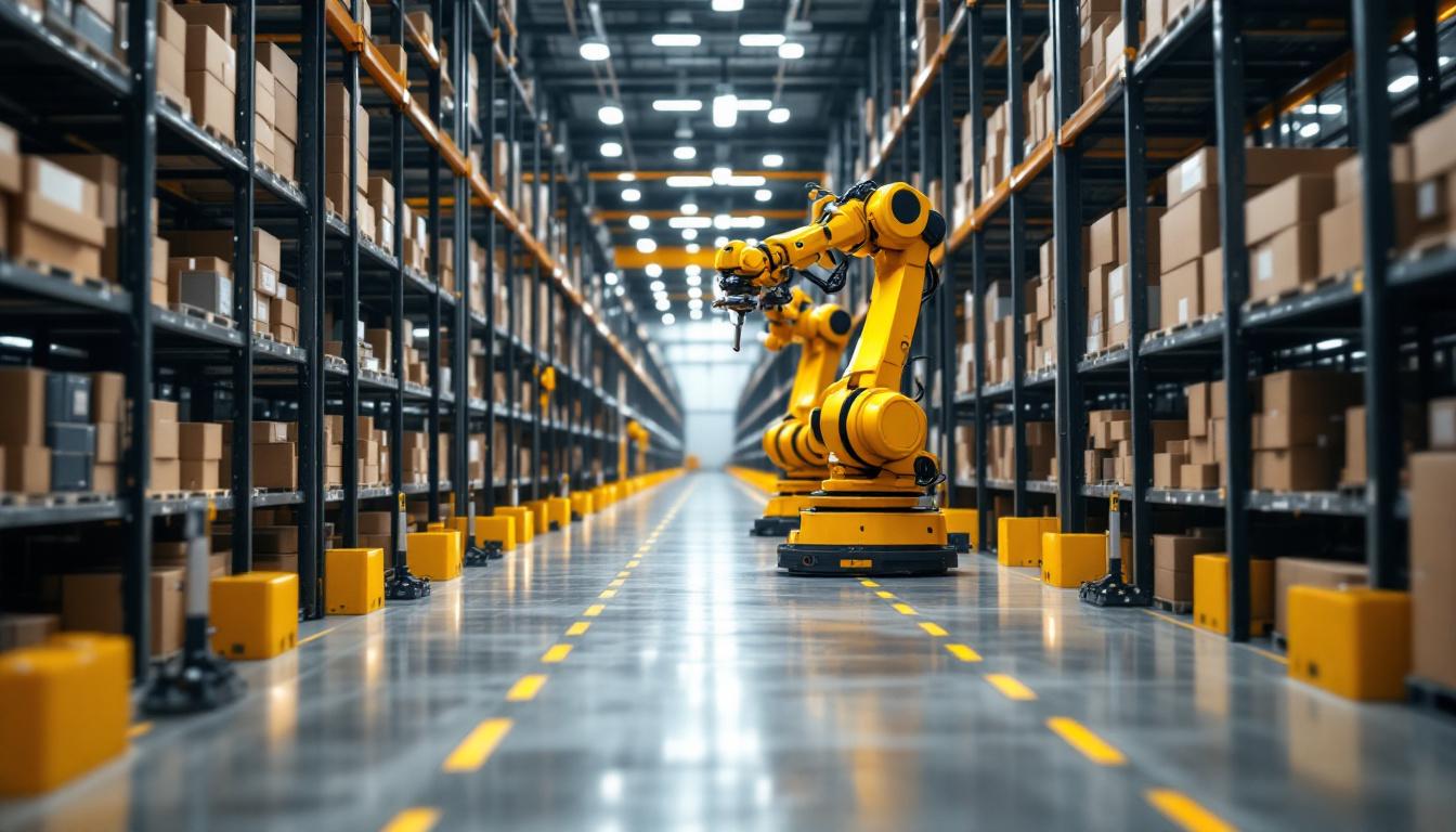 A photograph of a modern small warehouse unit featuring neatly organized industrial robotic equipment in action