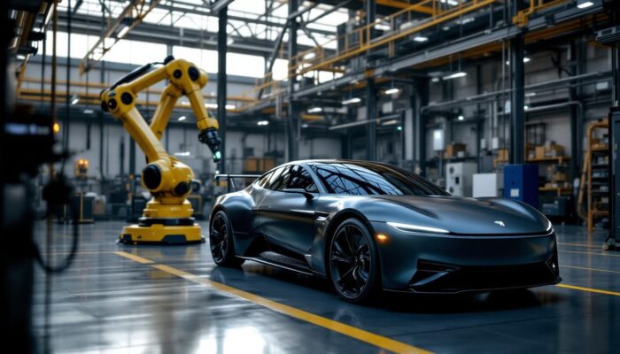 A photograph of a sleek electric vehicle parked next to an industrial robotic arm in a modern workshop setting