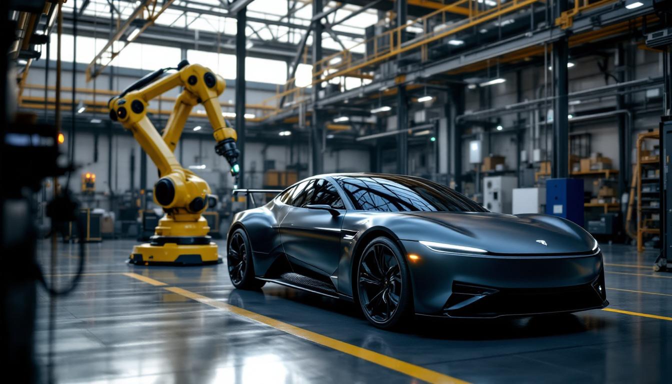 A photograph of a sleek electric vehicle parked next to an industrial robotic arm in a modern workshop setting