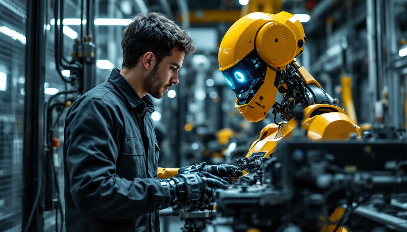 A photograph of a skilled technician working alongside an industrial robot in a modern manufacturing environment