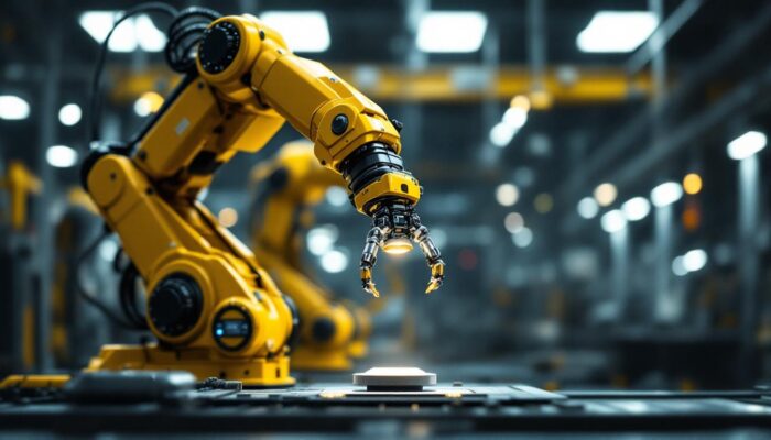 A photograph of a dynamic industrial setting featuring a robotic arm in action