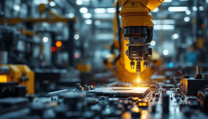 A photograph of a dynamic industrial setting featuring a robotic arm engaged in precision scanning of components