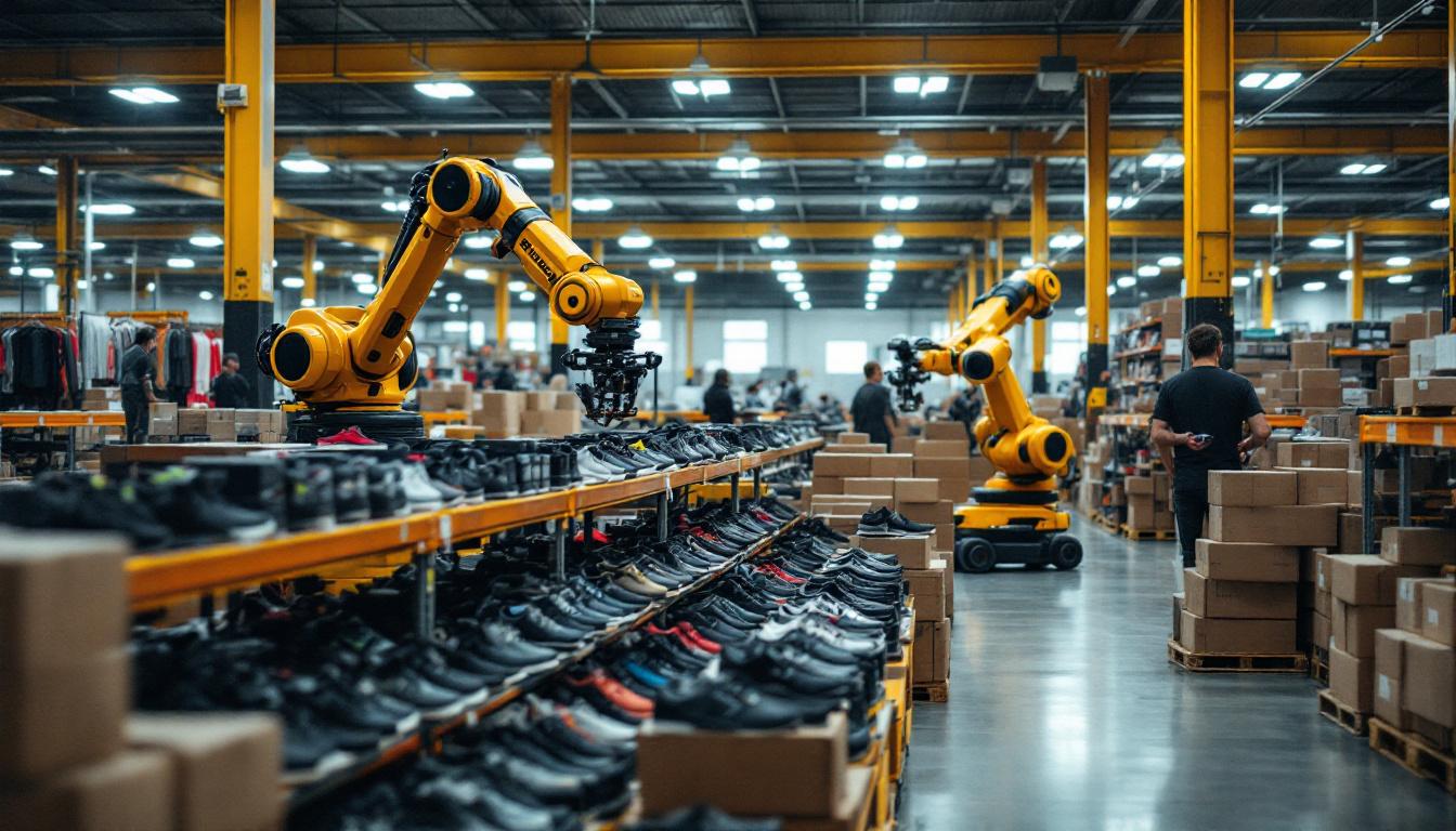 A photograph of capture a photograph of a bustling warehouse environment showcasing both the organized display of athletic footwear during the fleet feet sale and the intricate movements of industrial robots efficiently sorting or transporting products