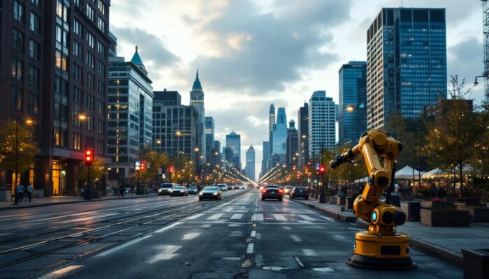 A photograph of capture a photograph of a bustling boston street scene transitioning into a serene montreal cityscape