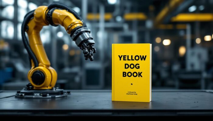 A photograph of a vibrant yellow book titled "yellow dog book" placed alongside a sleek industrial robotic arm in a modern workshop setting