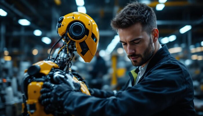A photograph of a skilled sales engineer engaging with an industrial robot in a modern manufacturing setting