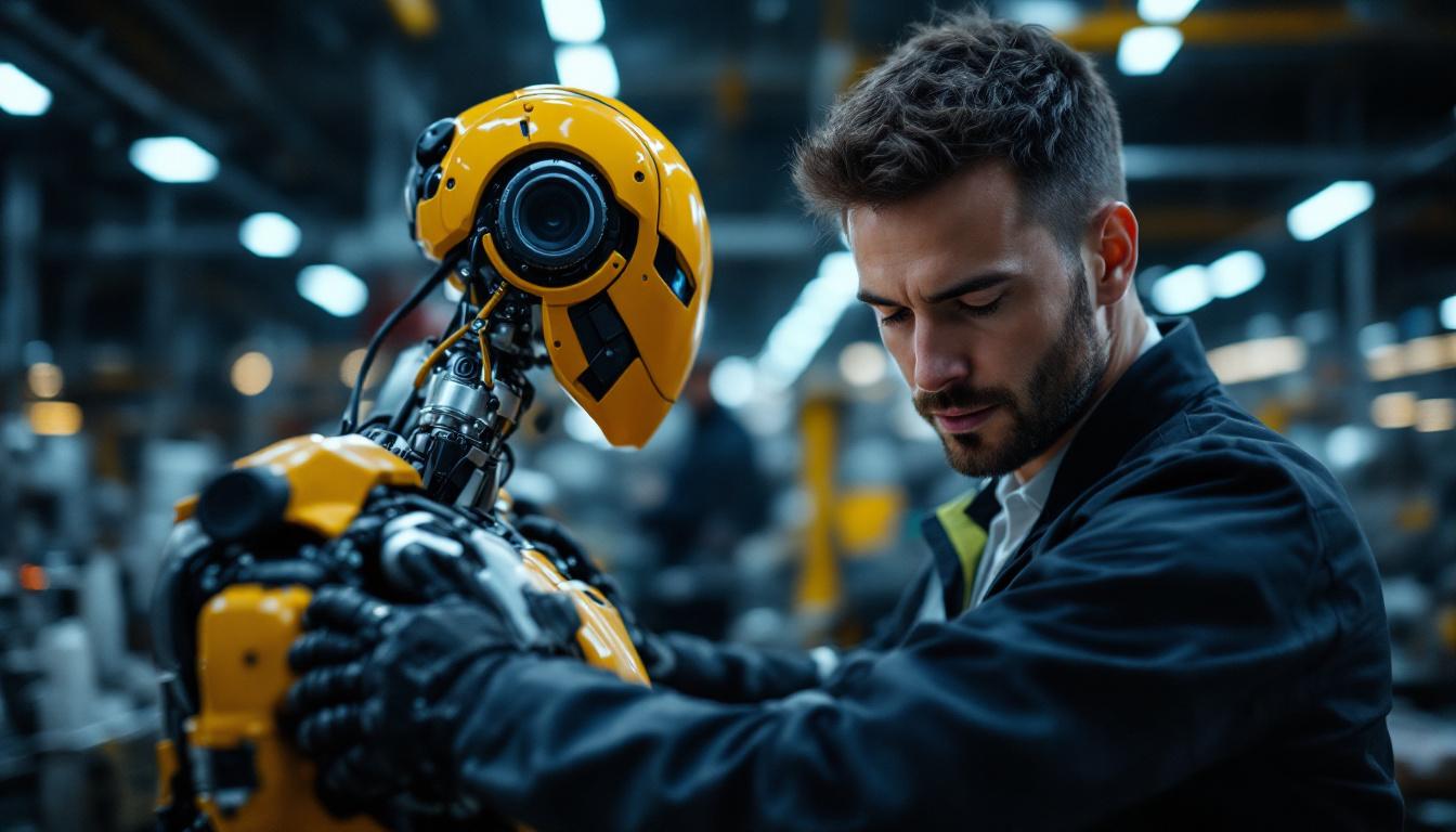 A photograph of a skilled sales engineer engaging with an industrial robot in a modern manufacturing setting