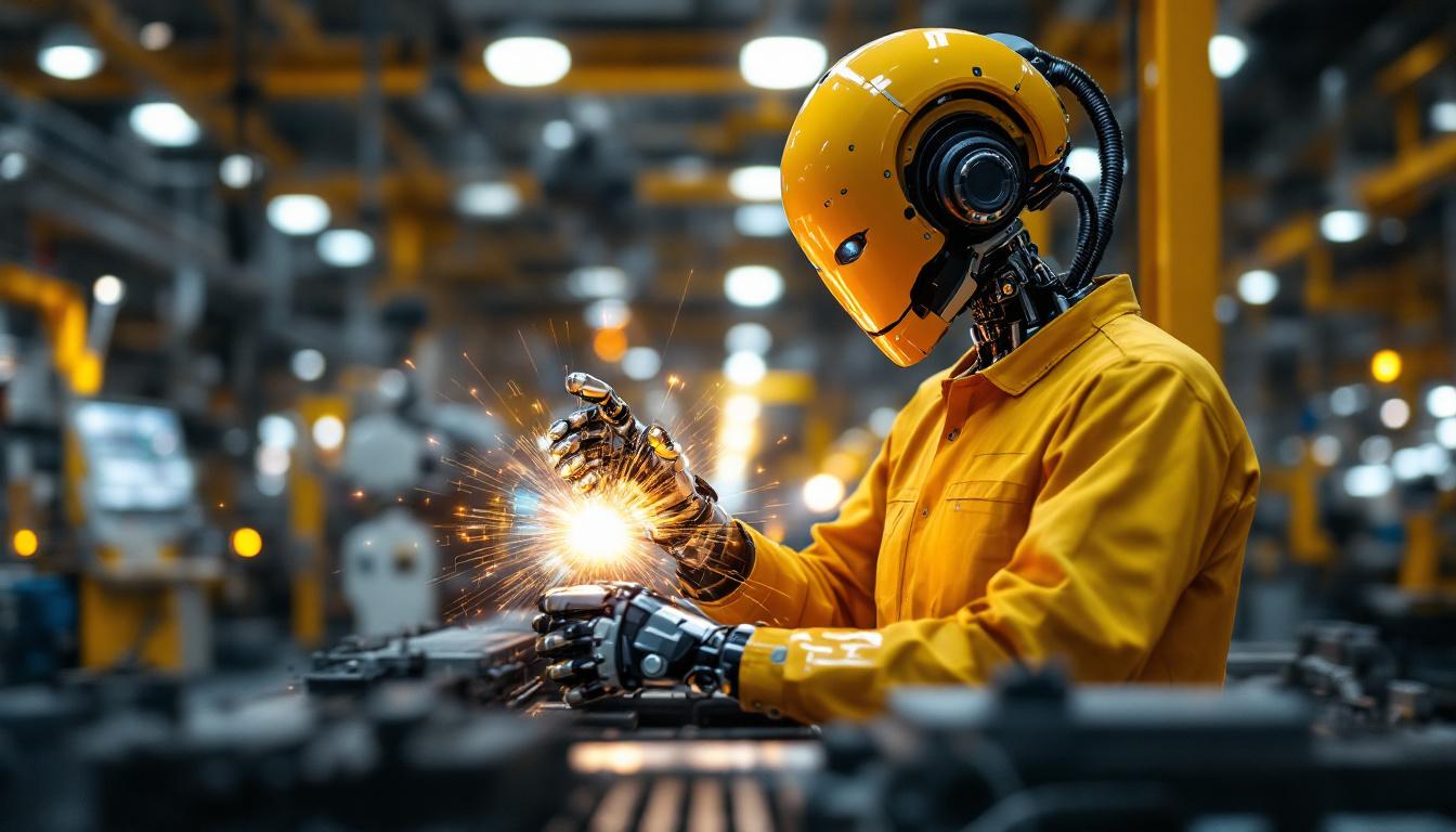 A photograph of a sleek industrial robot in action within a manufacturing facility