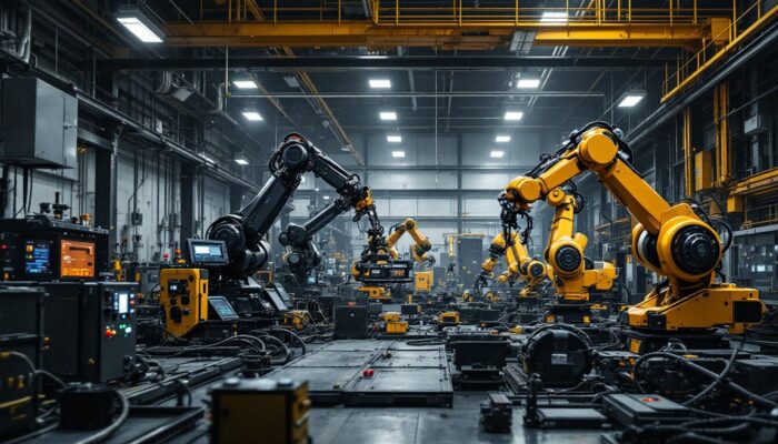 A photograph of a dynamic industrial setting showcasing various types of eod (explosive ordnance disposal) equipment alongside advanced industrial robots in action