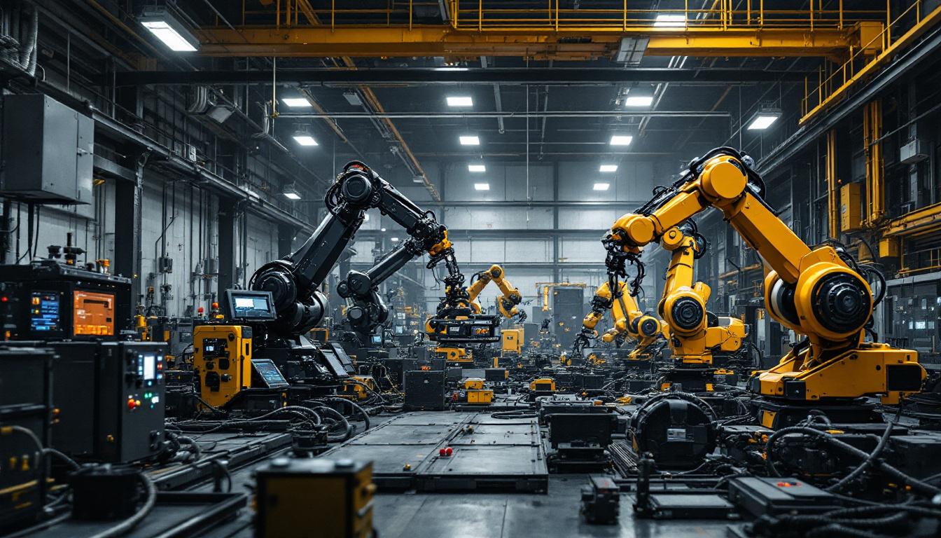 A photograph of a dynamic industrial setting showcasing various types of eod (explosive ordnance disposal) equipment alongside advanced industrial robots in action