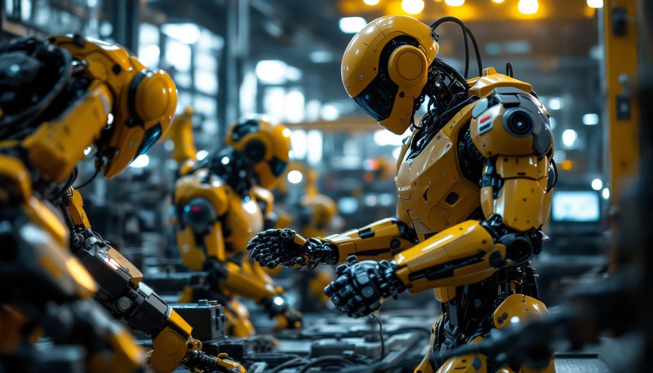A photograph of a dynamic scene featuring a military robot in action alongside industrial robots working collaboratively in a high-tech environment