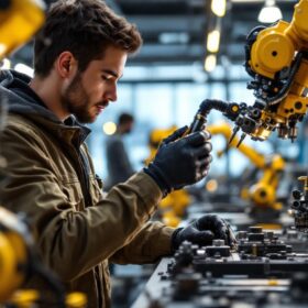 A photograph of a mechanical engineering intern working hands-on with industrial robotics in a modern lab setting