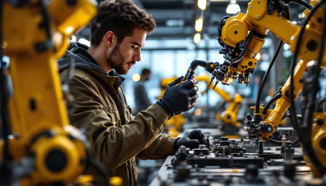 A photograph of a mechanical engineering intern working hands-on with industrial robotics in a modern lab setting
