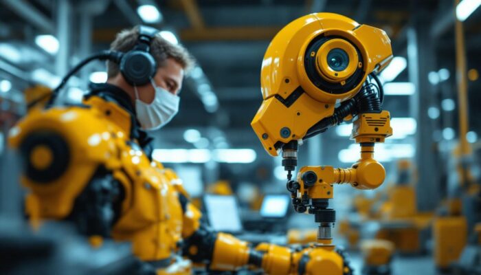 A photograph of a skilled technician programming an industrial robot in a modern manufacturing setting