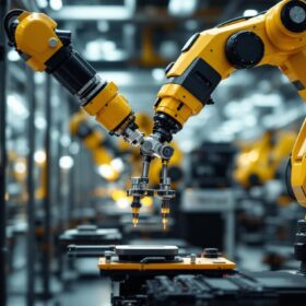 A photograph of a modern mobile manufacturing facility featuring advanced industrial robots in action