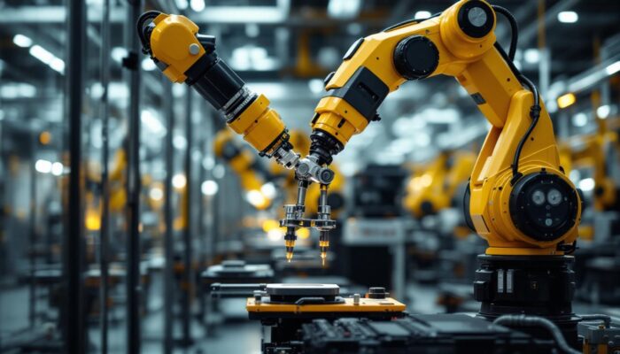 A photograph of a modern mobile manufacturing facility featuring advanced industrial robots in action