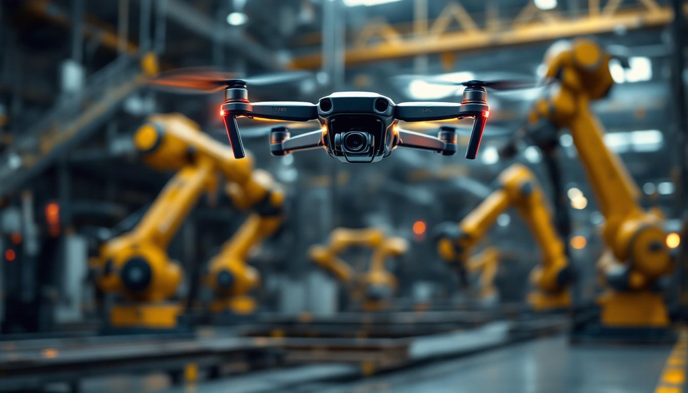 A photograph of a dynamic scene showcasing a drone in flight above an industrial setting