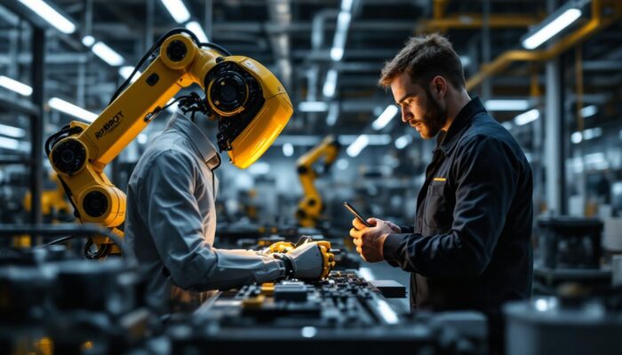 A photograph of a collaborative industrial robot working alongside a human operator in a safe and well-lit manufacturing environment