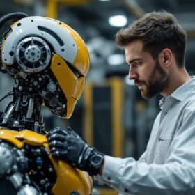 A photograph of a skilled technician inspecting a state-of-the-art industrial robot in a modern manufacturing facility