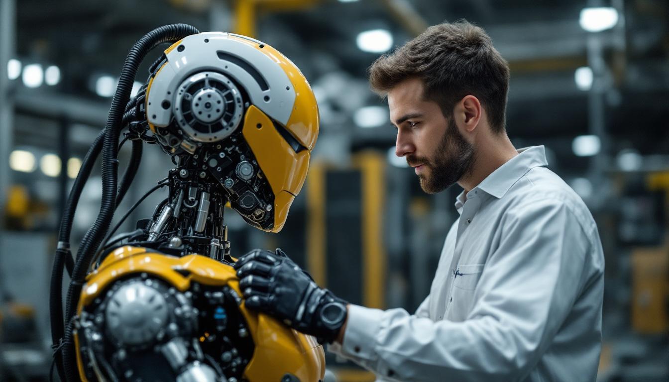 A photograph of a skilled technician inspecting a state-of-the-art industrial robot in a modern manufacturing facility