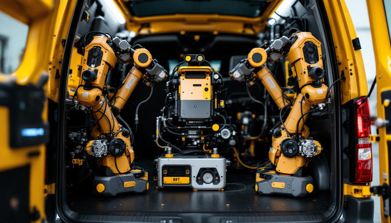 A photograph of a van equipped with miniature and industrial robotic components