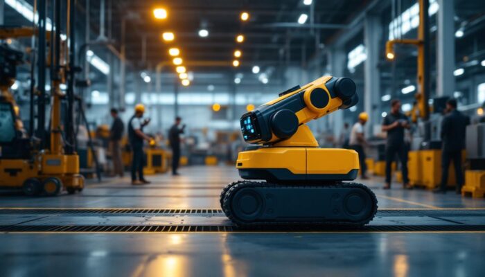 A photograph of a mobile robot navigating through an industrial setting
