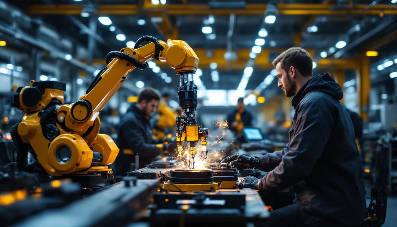 A photograph of a dynamic industrial setting featuring a collaborative robot (cobot) working alongside human workers