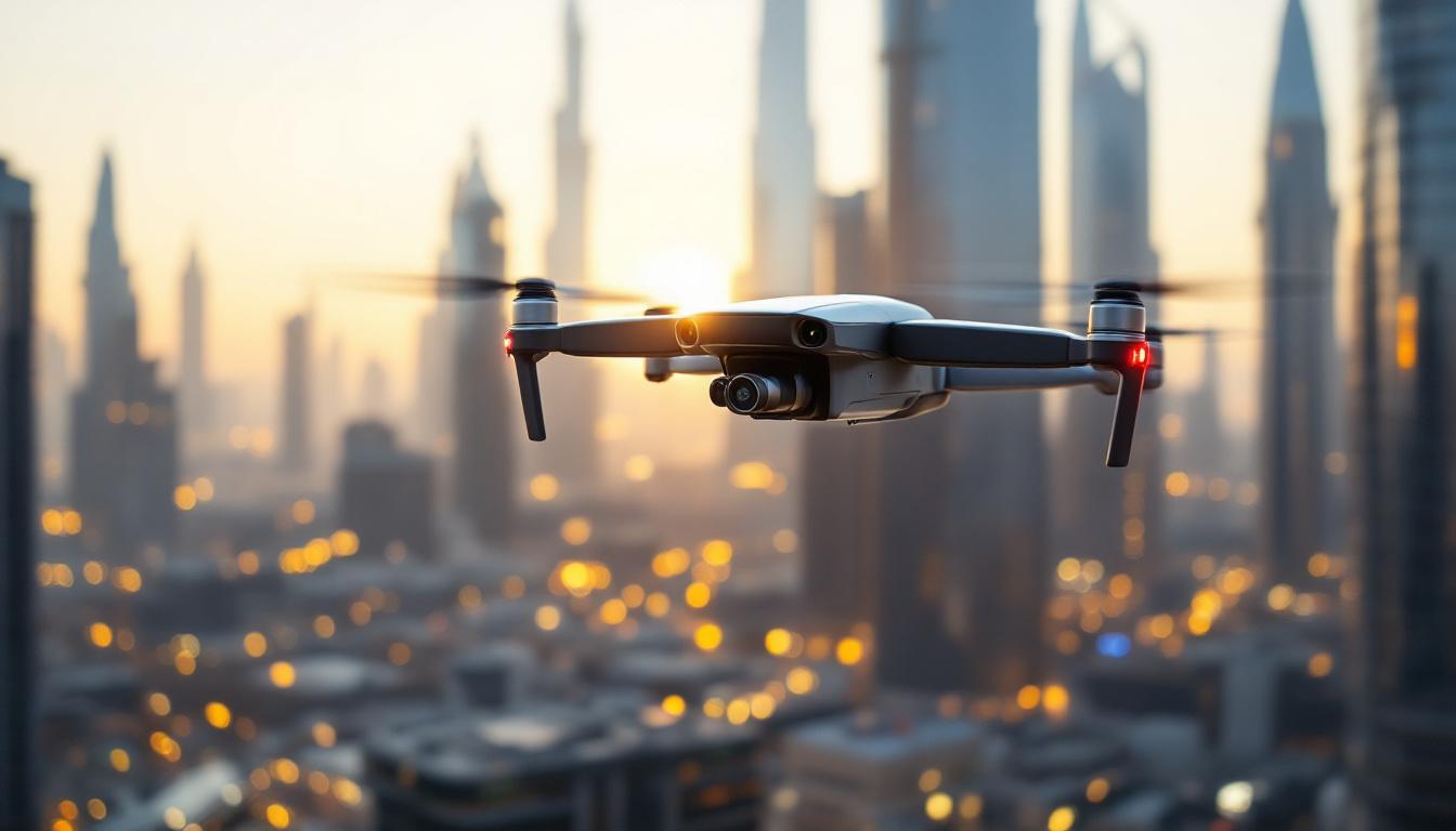 A photograph of capture a photograph of a sleek drone in flight over a modern industrial landscape in dubai