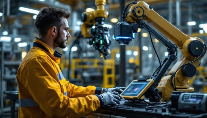 A photograph of a skilled technician operating a laser scanning 3d device alongside an industrial robot in a high-tech manufacturing environment