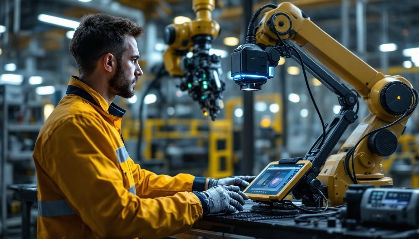 A photograph of a skilled technician operating a laser scanning 3d device alongside an industrial robot in a high-tech manufacturing environment