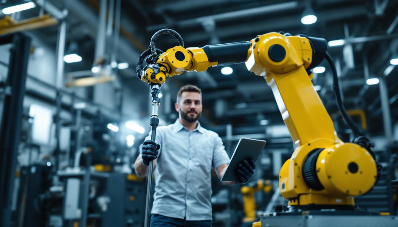 A photograph of a skilled technician demonstrating the precise movements of an industrial robotic arm while using an assistive arm cane in a modern workshop setting