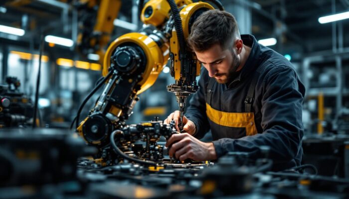 A photograph of a skilled mechanical specialist working on an industrial robot