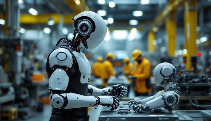 A photograph of a humanoid robot interacting with workers in an industrial setting in japan
