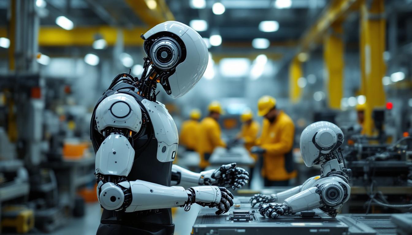 A photograph of a humanoid robot interacting with workers in an industrial setting in japan