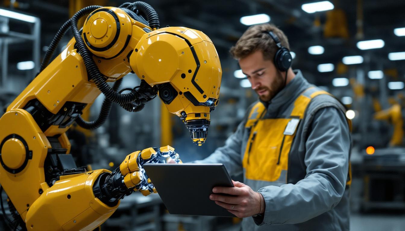 A photograph of a sleek industrial robot in action